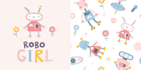 Cute girly pattern with pink robots. Seamless vector print set for baby girl textile and fabric.のイラスト素材