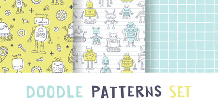 Cute doodle robot pattern set. Seamless outline vector prints collection for baby textile and apparel.のイラスト素材