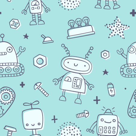 Cute doodle robot pattern. Seamless outline blue vector print for baby textile and apparel.のイラスト素材