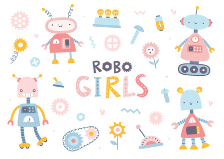 Cute girly robots set for kids. Cartoon pink robotic collection for baby girls. Funny robo sticker bundle.のイラスト素材