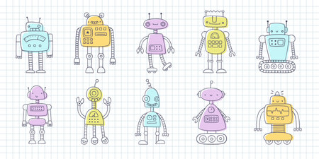 Doodle cute robot set for kids. Funny vector prints collection with hand drawn robots for children. Diverse drawn robot bundle.のイラスト素材