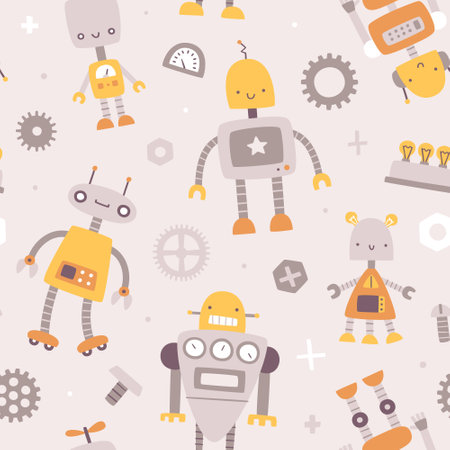 Cute beige pattern with robots for kids. Seamless scandinavian vector print for baby textile and fabric.のイラスト素材