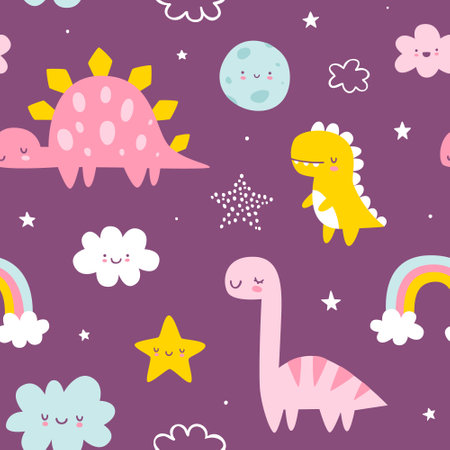 Cute pattern with sleeping dino in the sky. Seamless print with cute dinosaurs for baby girls bedding and pajamas.のイラスト素材