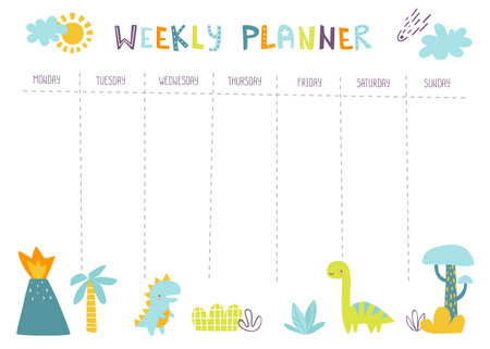 Scandinavian weekly planner with dino for children. Jurassic design of timetable for kids.のイラスト素材