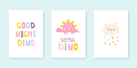 Cute poster set with sleeping dino for baby girls. Scandinavian print collection with dreaming dinosaur cloud and lettering.のイラスト素材