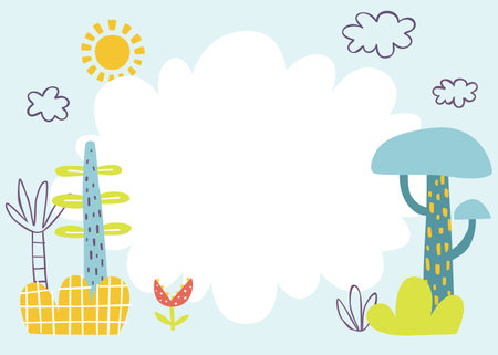 Stylized scandinavian background with colorful plants and clouds. Vector print with abstract trees for banners.のイラスト素材