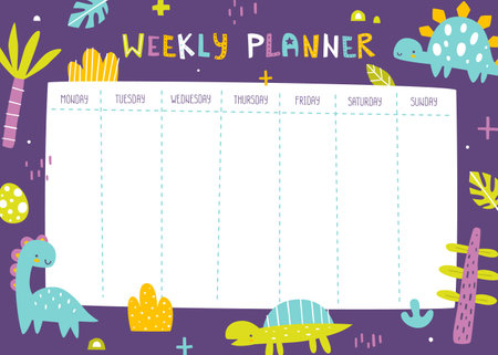 Scandinavian weekly planner with dino and plants for children. Bright Jurassic design of timetable for kids.のイラスト素材