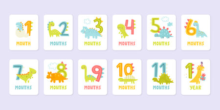 Set of dino cards with numbers for a newborn by months. Dinosaurs tag monthly collection for babies.のイラスト素材