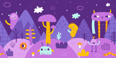 Surreal landscape panorama with quirky monsters. Abstract bottom border with strange creatures.のイラスト素材