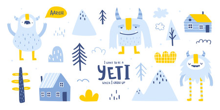 Nordic set with cute yeti houses and trees. Scandinavian vector collection of naive doodle yeti for kids.のイラスト素材