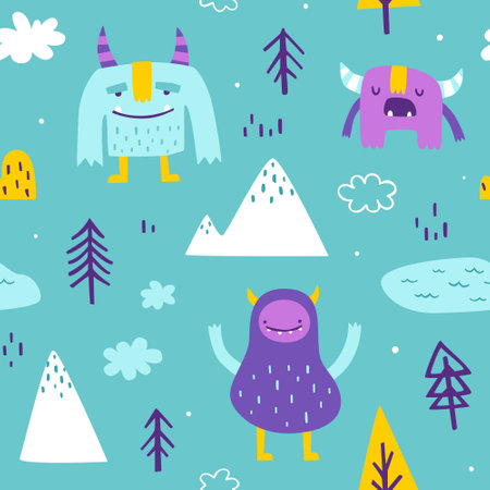Bright nordic pattern with cute yeti. Seamless scandinavian vector print with naive doodle yeti for kids.のイラスト素材