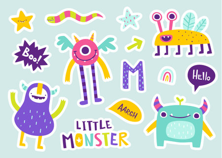 Set of cute doodle monster stickers. Vector collection of funny monsters for kids. Bright cartoon beasts.のイラスト素材