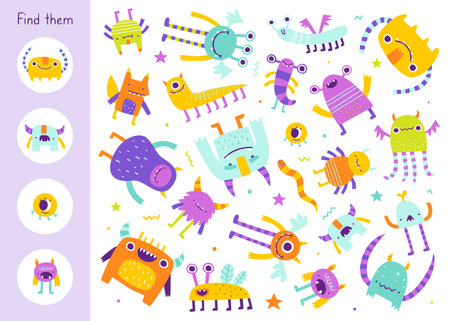 Mini game with different cute monsters for kids. Search for identical creatures. Funny vector game for children.のイラスト素材