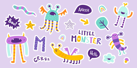 Set of cute doodle monster stickers. Vector collection of funny little monsters for kids. Bright cartoon beasts.のイラスト素材
