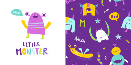 Seamless cute pattern set with little monsters for baby. Abstract vector print with stylized monsters for kids textile.のイラスト素材