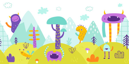Surreal landscape panorama with colorful monsters. Abstract bottom border with strange creatures.のイラスト素材