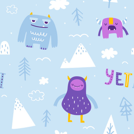 Nordic pattern with cute yeti. Seamless scandinavian vector print with sleeping doodle yeti for kids.のイラスト素材