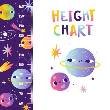 Height chart with cute planet in outer space. Galaxy ruler with gradient planets. Purple cosmic stadiometer for baby.のイラスト素材