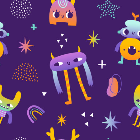 Psychedelic pattern with abstract colorful monsters. Surreal gradient seamless vector print with cute aliens.のイラスト素材