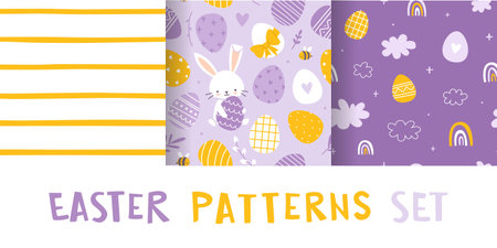 Easter bunny and painted eggs cute pattern set. Purple seamless baby pattern collection for easter textile.のイラスト素材