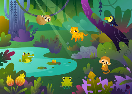 Cartoon jungle with cute animals. Bright vector rainforest landscape for kids with flora and fauna.のイラスト素材