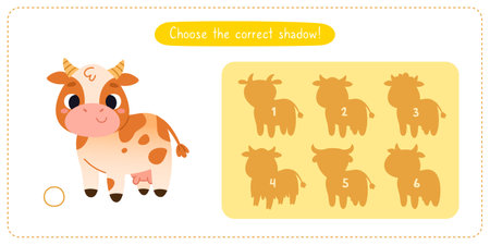 Mini game with cute cow for kids. Find the correct shadow of cartoon cow. Brainteaser for children.のイラスト素材