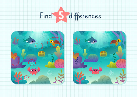Cartoon mini game for kids with underwater animals. Find differences vector game with seabed.のイラスト素材