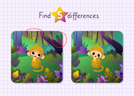 Cartoon mini game for kids with monkey in the jungle. Find differences vector game with bright rainforest.のイラスト素材