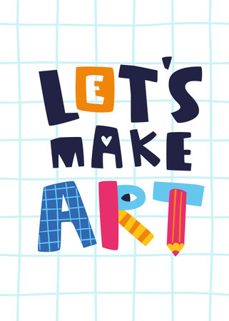 Doodle text print for kids t shirts. Cute vector poster with scribble colorful lettering "'Let s make art'".のイラスト素材