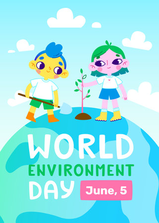 World environment day banner with cute kids planting a tree. Cartoon ecological poster about environment.のイラスト素材
