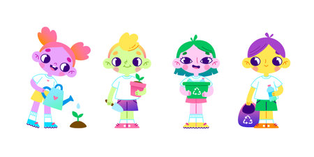 Cartoon eco volunteers children set. Vector colorful environmental care collection with diverse kids.のイラスト素材