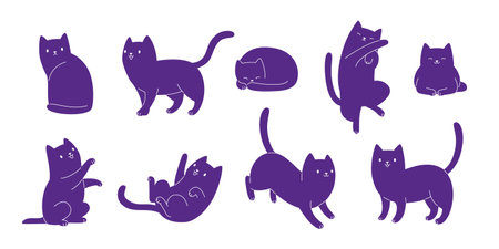 Vector set of cat silhouette. Cute kitten pose collection. Adorable black cats bundle.のイラスト素材