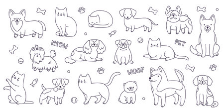 Outline pets collection. Vector cat and dogs sketch set. Cute doodle pets bundle.のイラスト素材