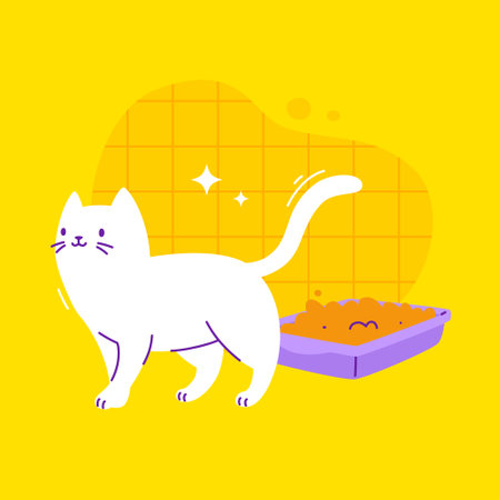 A cute cat stands next to a cat toilet. Cartoon kitten with cat litter in the bathroom.のイラスト素材