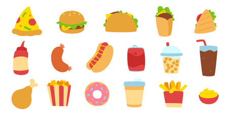 Fast food flat vector set. Cartoon fast food icon collection. Street food bundle.のイラスト素材