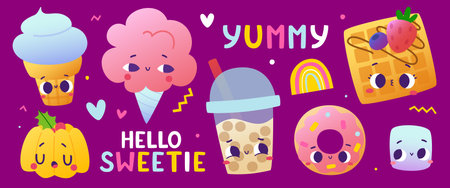 Cute sweet food with faces set. Cartoon kids dessert food collection.のイラスト素材