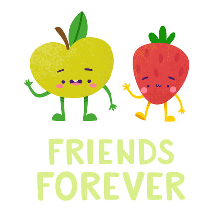 Adorable apple and strawberry friends poster. Doodle fruit characters banner.のイラスト素材
