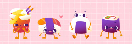 Cute asian food characters set. Retro cartoon mascot asian food collection.のイラスト素材