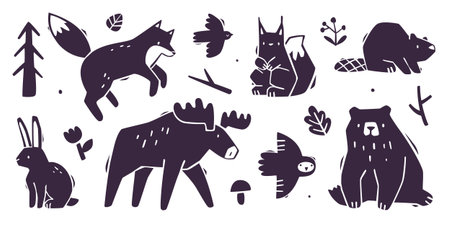 Forest animals abstract silhouette collection. Set of cutout wild animals.のイラスト素材