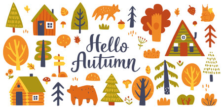 Doodle autumn set with plants, animals and houses. Cartoon vector cozy autumn collection.のイラスト素材