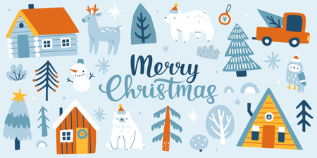 Scandinavian christmas set with cute animals. Doodle christmas collection.のイラスト素材