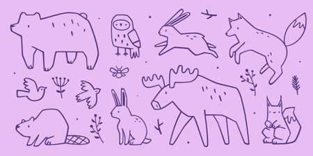 Outline animals set. Doodle wild animals collection. Forest animals bundle.のイラスト素材