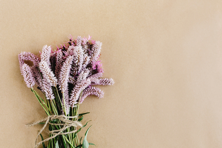 unusual beautiful violet and pink flowers on craft background, space for your textの写真素材