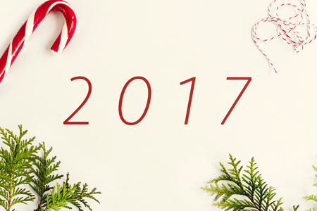2017 sign on white background with green branches of fir and christmas toys and candy, happy new...