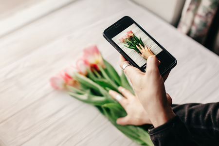 instagram photographer, blogging workshop concept. hand holding phone and taking photo of stylish flower flat lay. pink tulips on white wooden rustic background.space for textの写真素材