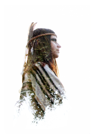double exposure of native american indian woman and green trees in woods, free spirit and protection conceptの写真素材
