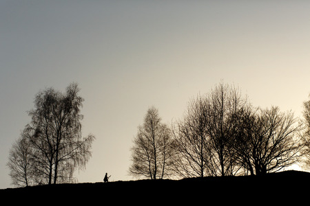silhouette of native indian american woman walking on hill among trees in sunset evening mountainsの写真素材