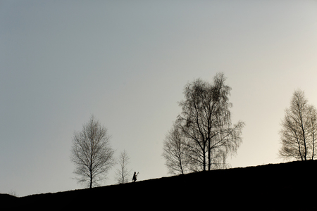 silhouette of native indian american woman walking on hill among trees in sunset evening mountainsの写真素材