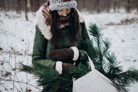 stylish hipster woman gathering and holding pine green branches in cloth bag. christmas tree search in winter forest. festive mood. space for text. save environmentの写真素材