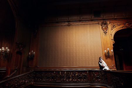 elegant gorgeous bride and stylish groom hugging in light on background of wall, romantic moment. unusual wedding couple in retro style. luxury wedding conceptの写真素材